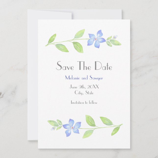 Wasserfarben-Periwinkle-Blume Save the Date (Vorderseite)