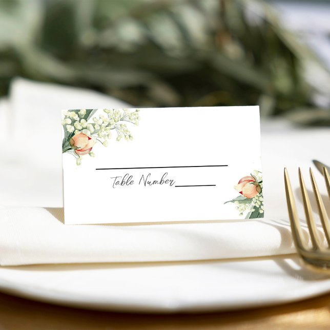 Wasserfarben-Pfirsichblütenhochzeit-Platzkarte (Peach floral wedding table place card.)
