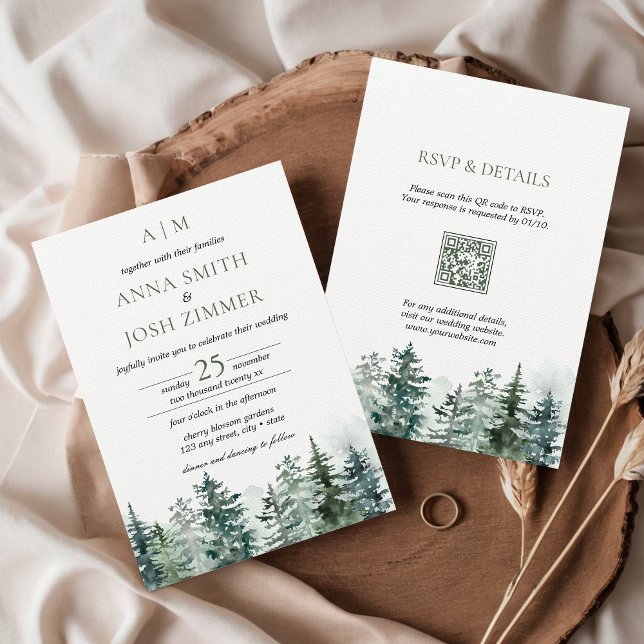 Wasserfarben Pine Tree Forest Rustic QR Code Hochz Einladung (Rustic Pine Tree Forest Mountains Wedding Invitation with QR Code All in one)