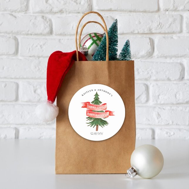 Wasserfarben Pine Tree Merry Little Baby Dusche Runder Aufkleber (Von Creator hochgeladen)