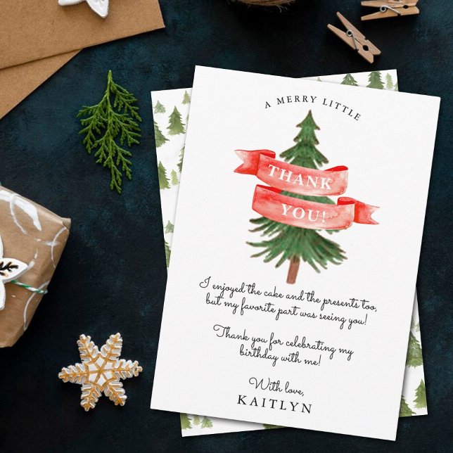 Wasserfarben Pine Tree Merry Little Birthday Dankeskarte (Von Creator hochgeladen)