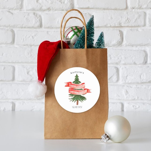 Wasserfarben Pine Tree Merry Little Birthday Runder Aufkleber (Von Creator hochgeladen)