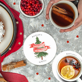 Wasserfarben Pine Tree Merry Little Birthday Runder Pappuntersetzer