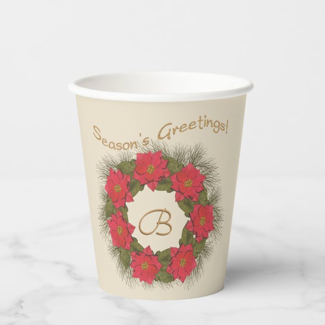 Wasserfarben-Poinsettia-Kranz - Mit Monogramm Pappbecher (Vorderseite)