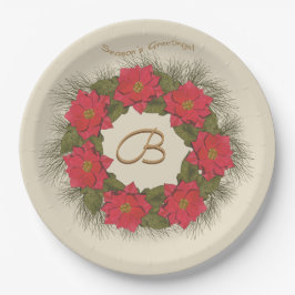 Wasserfarben-Poinsettia-Kranz - Mit Monogramm Pappteller