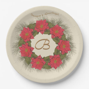 Wasserfarben-Poinsettia-Kranz - Mit Monogramm Pappteller