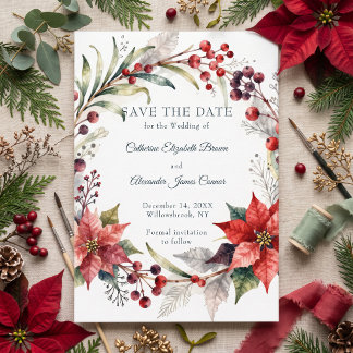 Wasserfarben-Poinsettie-Rote-Beeren-Winterhochzeit Save The Date