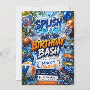 Wasserfarben-Poolparty-Splash-Boy-Birthday-Bash Einladung