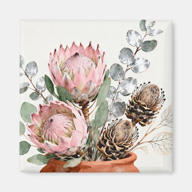 Wasserfarben-Protea-Eukalyptus-Arrangement Magnet (Vorne)