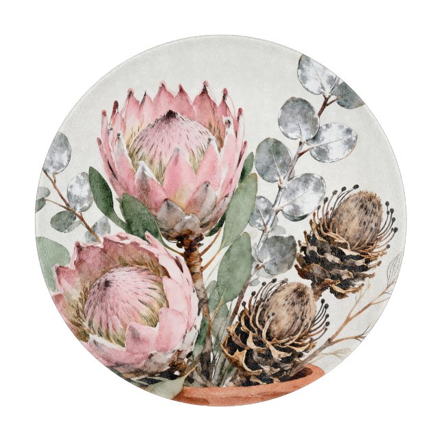 Wasserfarben-Protea-Eukalyptus-Arrangement Schneidebrett (Vorderseite)