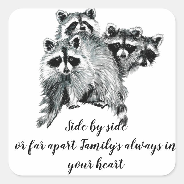 Wasserfarben-Raccoon-Familie Inspiration Zitat Quadratischer Aufkleber (Vorderseite)