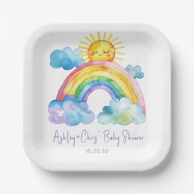 Wasserfarben Rainbow Baby Dusche Pappteller (Vorderseite)