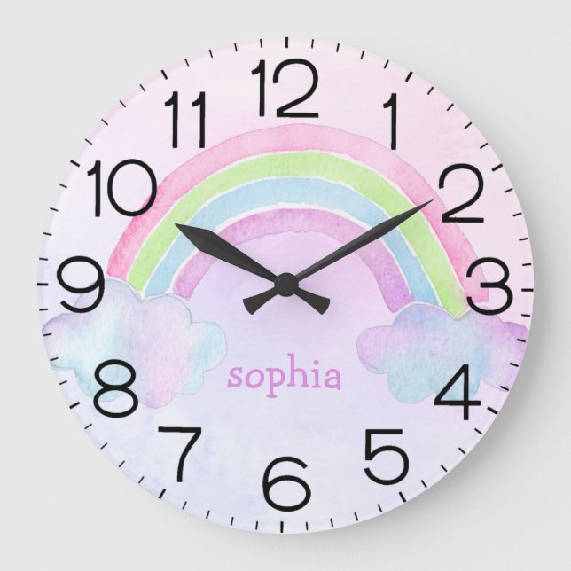 Wasserfarben Rainbow Pastel Personalisiert Name Gi Große Wanduhr (Vorderseite)