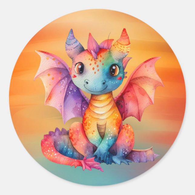 Wasserfarben-Regenbogen-Dragon-Kinderdusche Runder Aufkleber (Vorderseite)