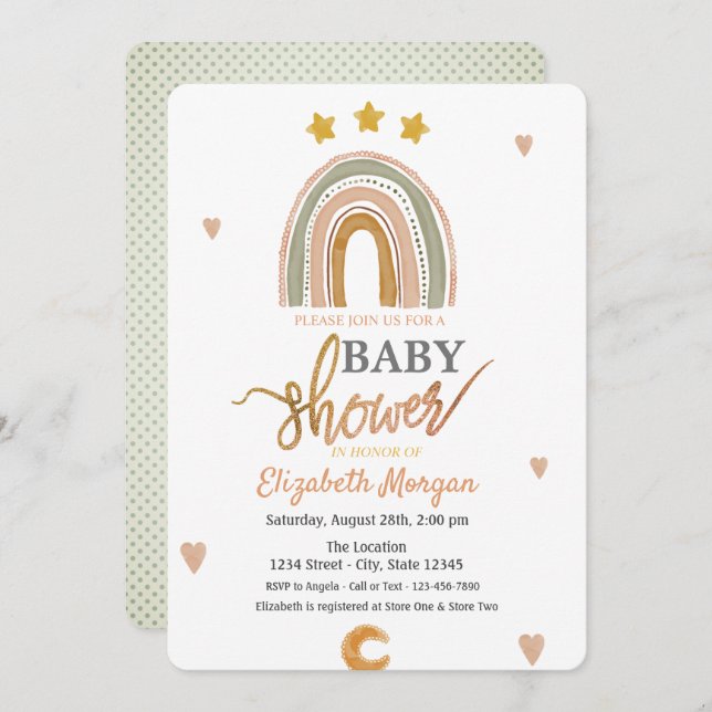 Wasserfarben-Regenbogenstars Herz-Baby-Dusche Einladung (Vorne/Hinten)