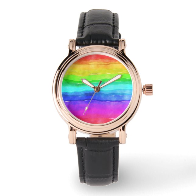 Wasserfarben Regenbogenstreifen Armbanduhr (Vorderseite)