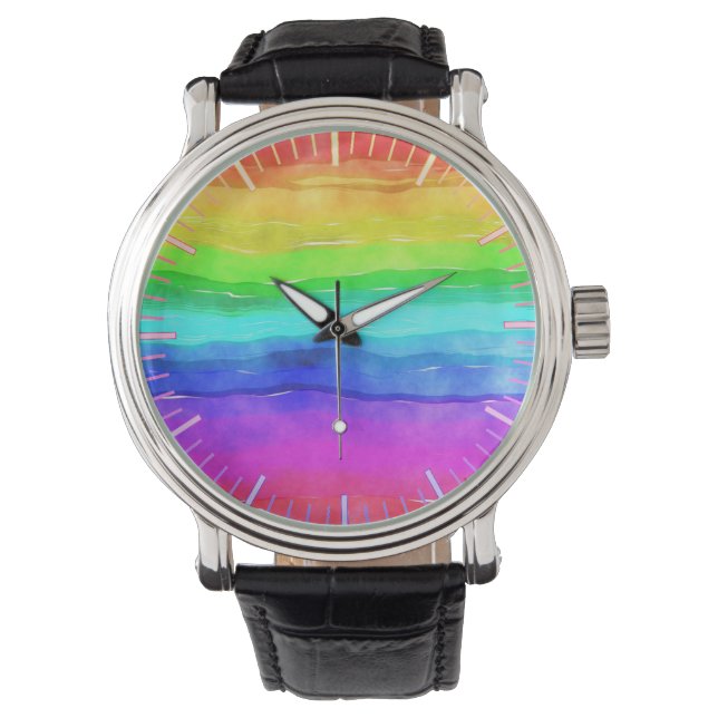 Wasserfarben Regenbogenstreifen Armbanduhr (Vorderseite)