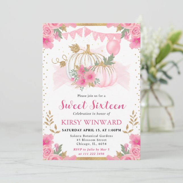 Wasserfarben Rosa Bläsernstürmer Kürbis Süß 16 Einladung (Stehend Vorderseite)