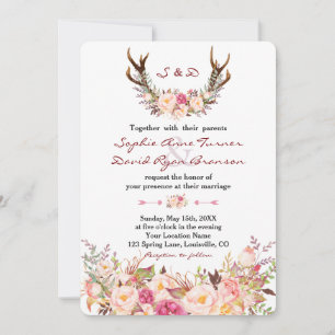 Wasserfarben Rosa Blütenblüte Antler Hochzeit Einladung