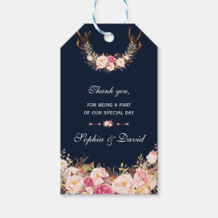 Wasserfarben Rosa Blütenblüte Antlers Navy Hochzei Geschenkanhänger