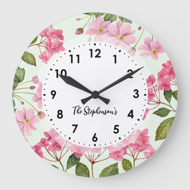 Wasserfarben-Rosa-Hydrangea und japanisches Anemon Große Wanduhr (Vorderseite)