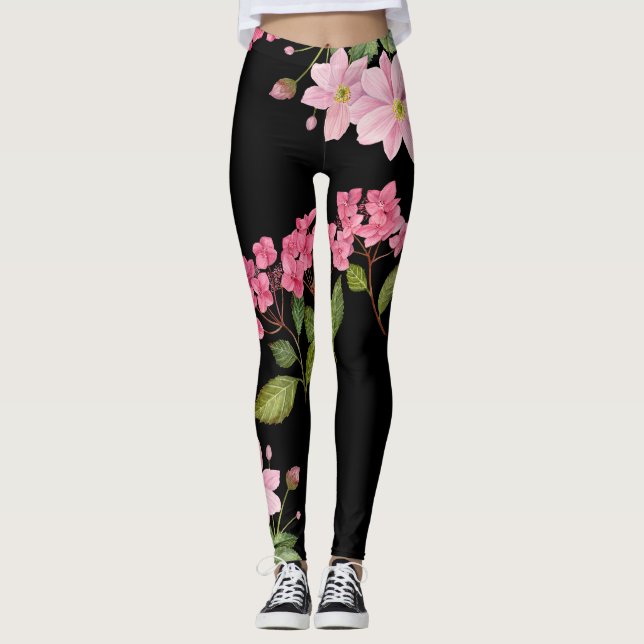 Wasserfarben-Rosa-Hydrangea und japanisches Anemon Leggings (Vorderseite)