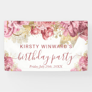 Wasserfarben-Rosa- und Goldblumen-Geburtstag Banner