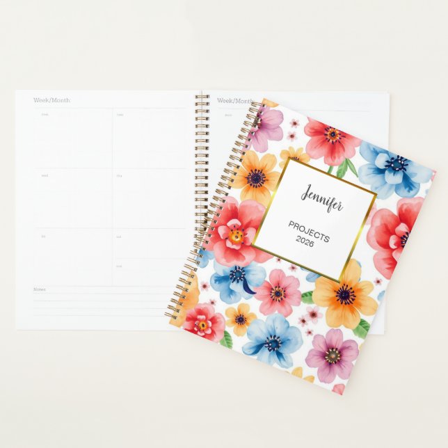 Wasserfarben-Rosé-Blumenmuster-Monogramm-Name Planer (Anzeige)