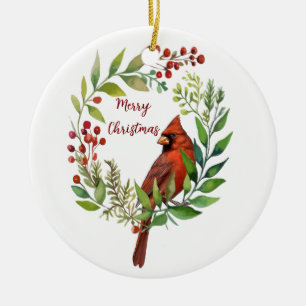 Wasserfarben-Rotkardinal-Vogel-Kranz Weihnachten Keramik Ornament