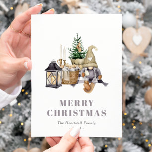 Wasserfarben-Rustikal-Hygge-Gnom-Weihnachtspostkar Feiertagspostkarte