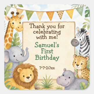 Wasserfarben-Safari-Tiere-Birthday-Party-Dankeschö Quadratischer Aufkleber