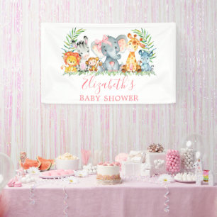 Wasserfarben Safari Tiere Pink Bow Baby Dusche Banner