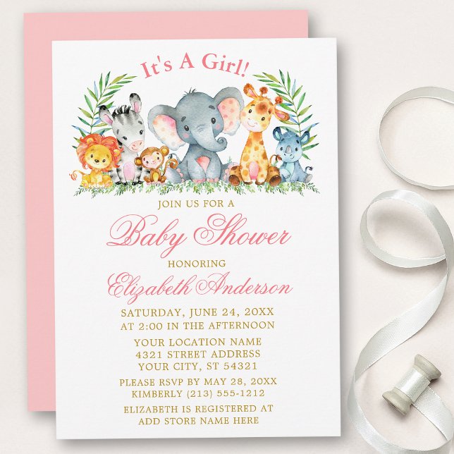 Wasserfarben Safari Tiere Pink Script Baby Dusche Einladung (Customize to change text color, size, style or to change color of back of card.)