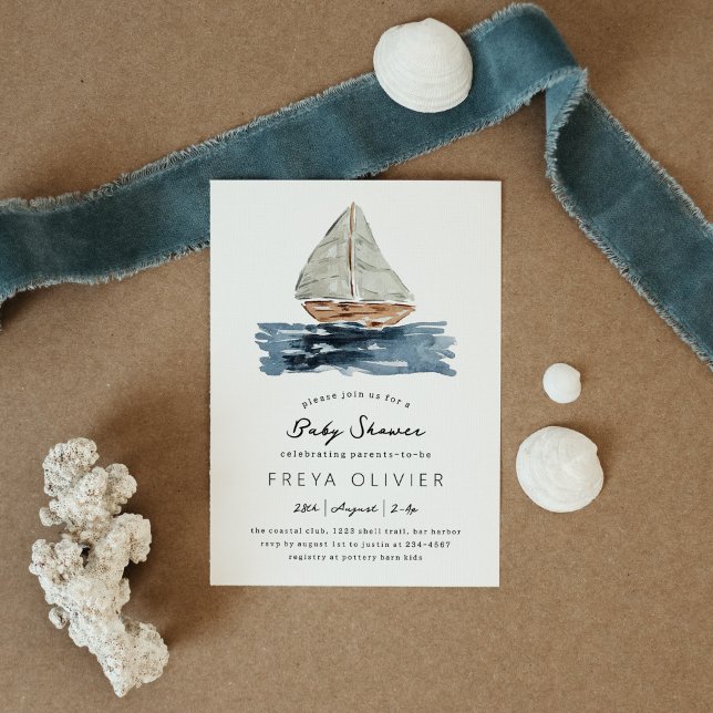 Wasserfarben Sailboat Babydusche Einladung (Blue nautical watercolor sailboat modern baby shower invitation.)