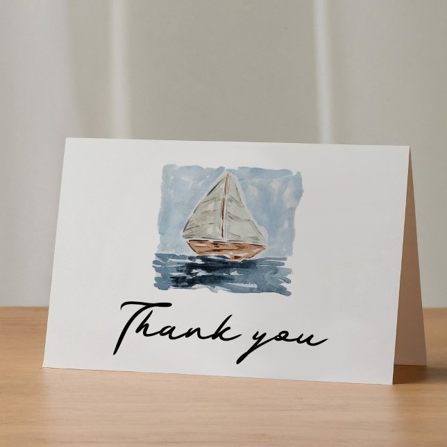 Wasserfarben Sailboat Kinderdusche Danke (Nautical watercolor sailboat Thank You folded greeting card.)