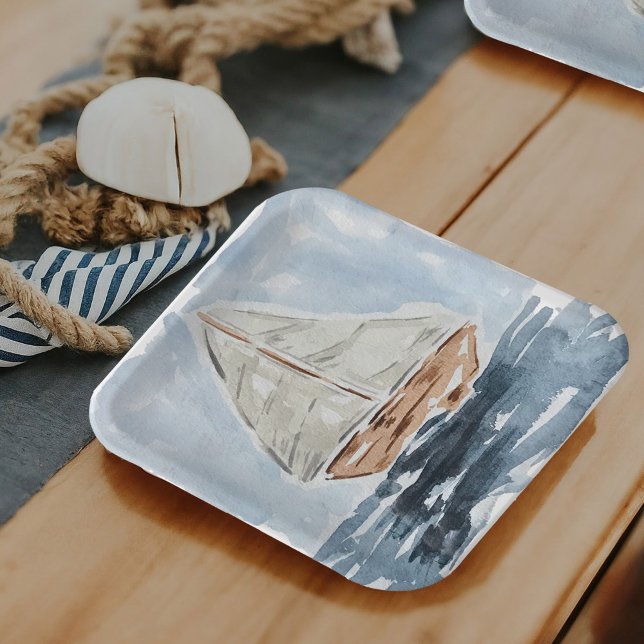 Wasserfarben Sailboat Kinderdusche Pappteller (Blue nautical watercolor sailboat modern party paper plates.)