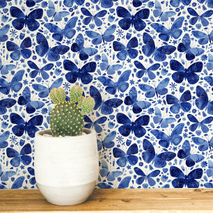 Wasserfarben Schmetterling Blau und Weiß Kunst Tapete