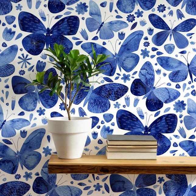 Wasserfarben Schmetterling Blau und Weiß Kunst Tapete (Blue and white watercolor butterfly pattern art wallpaper)