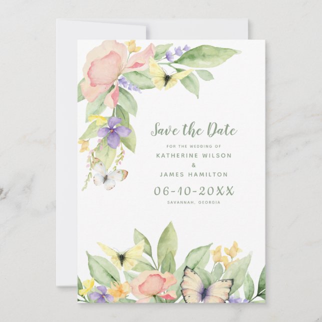 Wasserfarben Schmetterlinge Blumen Elegante Seite  Save The Date (Vorderseite)