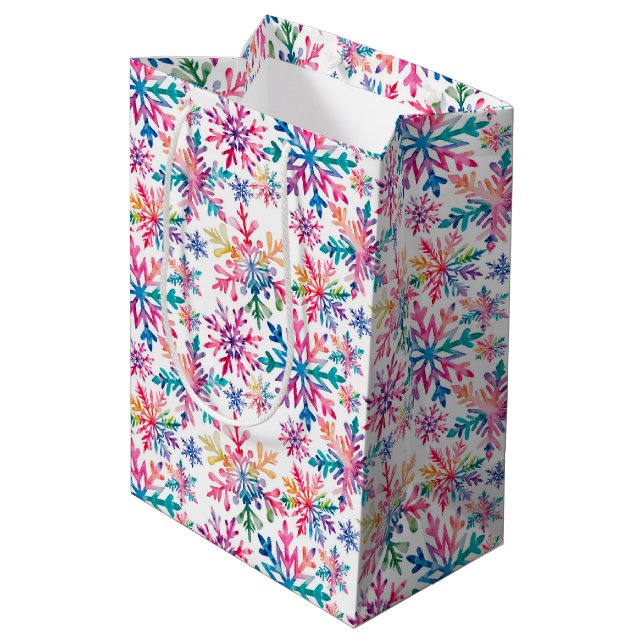 Wasserfarben-Schneeflocken-Muster Mittlere Geschenktüte (Rückseite Schrägansicht)