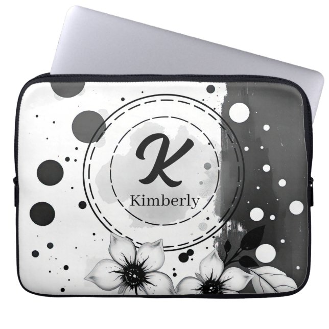 Wasserfarben Schwarz-Weiß-Blume Kunst Laptopschutzhülle (Vorderseite)