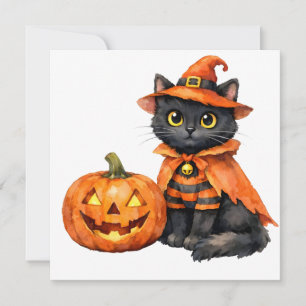 Wasserfarben-Schwarze Katze in Halloween-Kostüm  Feiertagskarte