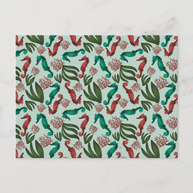 Wasserfarben-Seepferd-Minze-Wassermuster Postkarte (Vorderseite)