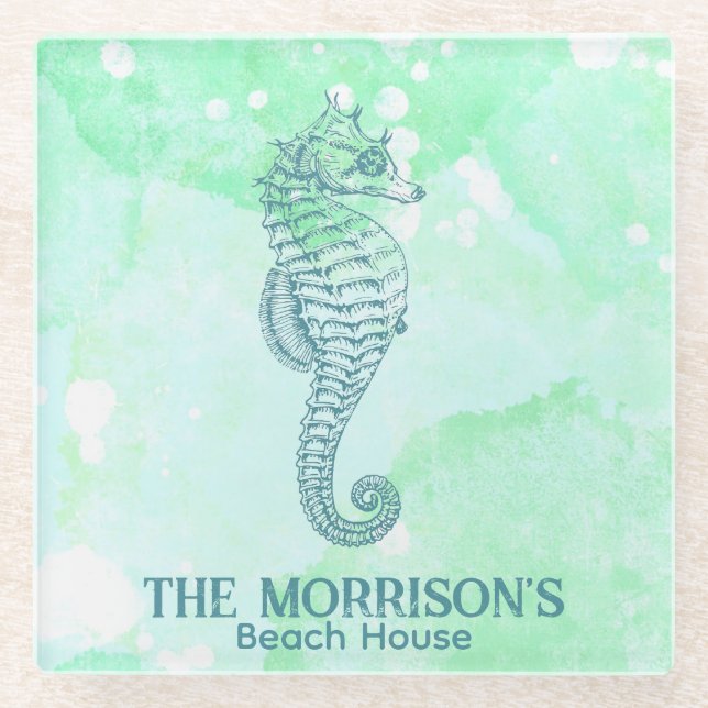 Wasserfarben-Seepferd Personalisiert Glasuntersetzer (Vorderseite)