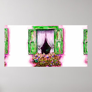 Wasserfarben-Skizze Traditionelles altes Fenster Poster