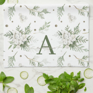 Wasserfarben Snowberry White Cedar Branch Weihnach Geschirrtuch