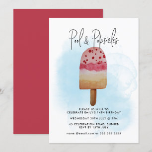 Wasserfarben-Sommer-Pool- und Popsicle-Party-Gebur Einladung
