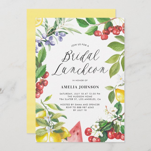 Wasserfarben Sommerfrüchte Blumenkohl Bridal Lunch Einladung (Vorne/Hinten)