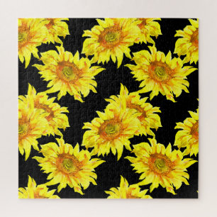 Wasserfarben-Sonnenblume Nahtloses Schwarz Muster Puzzle