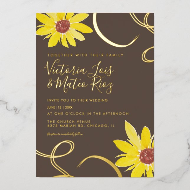 Wasserfarben Sonnenblume wirbeln verheiratete Foli Folieneinladung (Vorderseite)